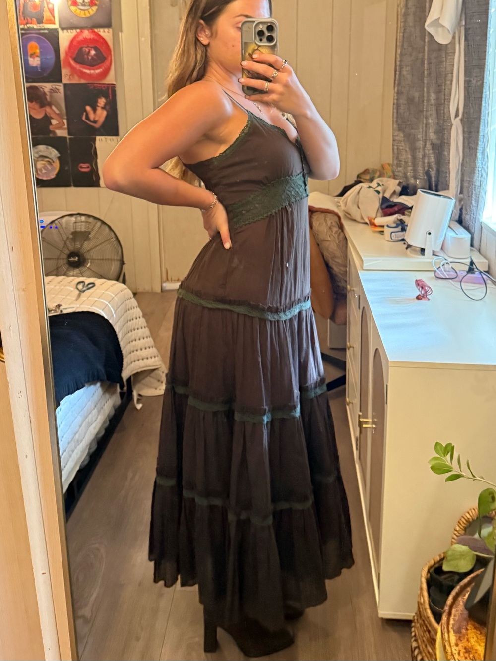 Vintage Sugarlips Brown Tiered Maxi Dress with Subtle Green Trim 100% Cotton
